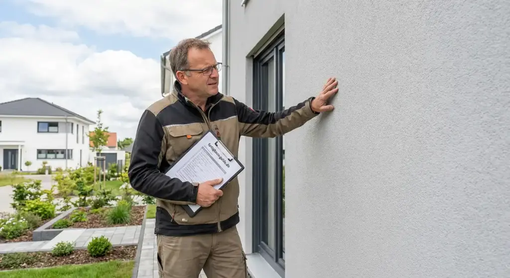 Dach, Fassade und Terrasse im Fertighaus, Techniker prüft Außenbereiche auf Feuchtigkeit, Risse, Bewuchs und funktionierende Entwässerung für langfristigen Schutz und Energieeffizienz